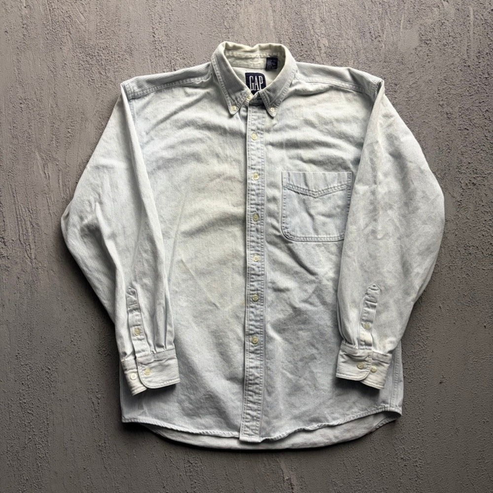 Vintage Gap Button Down Shirt Medium Blue 1990s Striped Cotton Long Sleeve
